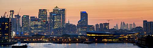 Canary Wharf and City Square Mile panorama from Royal Victoria dock, Docklands, London, England, United Kingdom, Europe