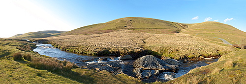 Panoramic landscape view at Elan Valley, Cambrian Mountains, Powys, Wales, United Kingdom, Europe