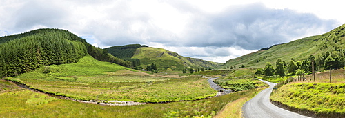 Panoramic landscape view, Abergwesyn Valley, Powys, Wales, United Kingdom, Europe