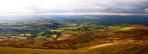 A panoramic landscape view near Hay Bluff, Powys, Wales, United Kingdom, Europe