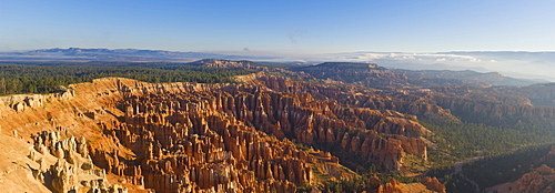 Dawn with low mist over the sandstone hoodoos in Bryce Amphitheater, Inspiration Point, Bryce Canyon National Park, Utah, United States of America, North America