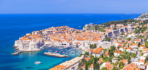 Aerial panorama of Old Port and Dubrovnik Old town, Dalmatian Coast, Dubrovnik, Croatia, EU Europe