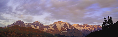 Sunset over the Eiger, Monch and Jungfrau mountains, Bernese Oberland, Swiss Alps, Switzerland, Europe