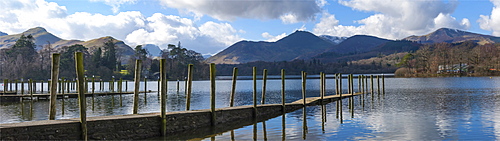 Lake Derwentwater, Catbells, Brandlehow, Causey Pike and Grisdale Pike, from the boat landings at Keswick, North Lakeland, Lake District National Park, Keswick, Cumbria, England, United Kingdom, Europe