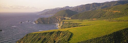 High angle view of grassland mountains along the sea, Bixby Bridge, Big Sur, California, USA