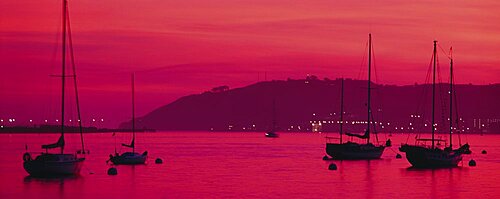 Silhouette of sailboats in water, southern California, USA