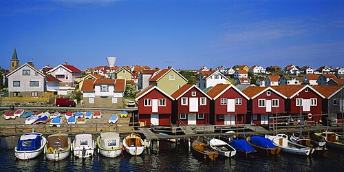 Boats moored at the dock, Smogen, Sotenas Municipality, Bohuslan, Sweden