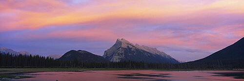 Silhouette of mountains on a landscape, Mount Rundle, Vermillion Lake, Banff, Alberta, Canada.