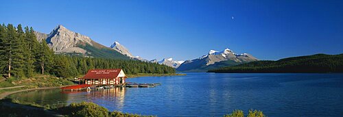 Boathouse on a lake, Maligne Lake, Jasper National Park, Alberta, Canada