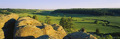 High angle view of a pasture and a forest on a landscape, Lake Gulch, Castlewood Canyon State Park, Colorado, USA