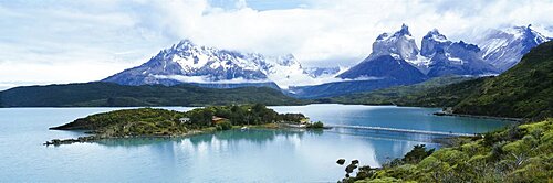 Island in a lake, Lake Pehoe, Hosteria Pehoe, Cuernos Del Paine, Torres del Paine National Park, Patagonia, Chile