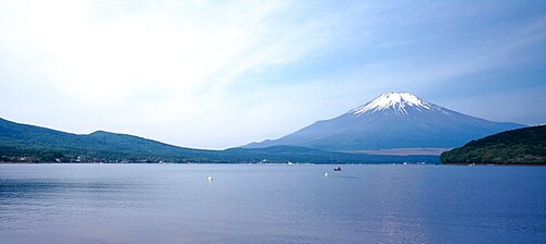 Mountains near a lake, Mt Fuji, Yamanaka Lake, Yamanashi Prefecture, Chubu Region, Japan