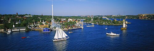 High angle view of sailboats in a lake, Gronalund, Djurgarden, Stockholm, Sweden