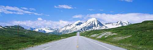 Road leading to mountains, Haines Highway, St. Elias Mountains, British Columbia, Canada