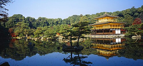 Reflection of a temple in a pond, Kinkaku-Ji Temple, Kyoto City, Kyoto Prefecture, Kinki Region, Japan