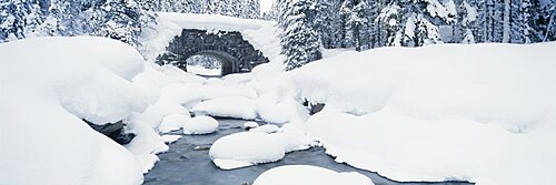 Snow covered bridge over a river, Illecillewaet River, British Columbia Glacier National Park, British Columbia, Canada