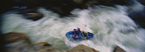 High angle view of a group of people white water rafting, Salmon River, Orleans, California, USA