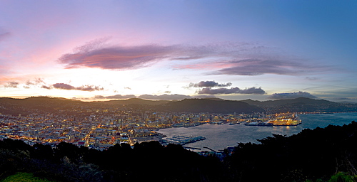 Panoramic view from Mount Victoria at sunset, of Wellington, North Island, New Zealand, Pacific