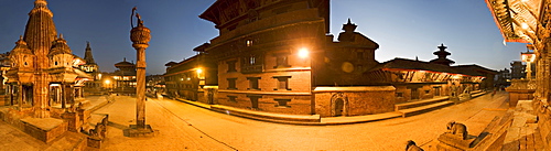 Durbar Square at dawn, including a statue of King Yoganendra Malla on top of a stone column, the Royal Palace, now the Patan Museum, and the brick base of the Hari Shankar Mandir, UNESCO World Heritage Site, Patan, Kathmandu, Nepal, Asia