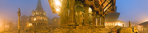 The Bishwanath Mandir, and to the left the Krishna Mandir in dawn mist, Durbar Square, Patan, Kathmandu valley, Nepal, Asia