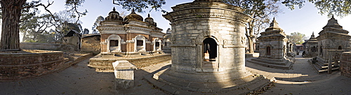 Panorama of chaityas at dawn, at one of the holiest Hindu sites, Pashupatinath, Kathmandu, Nepal, Asia