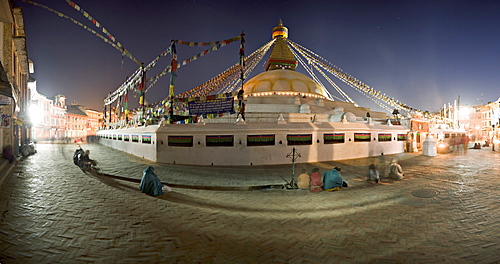 Panoramic image of Boudha, a large Tibetan stupa at Bodhnath, shortly before sunrise on the first day of Lhosar (Tibetan New Year), UNESCO World Heritage Site, Kathmandu, Nepal, Asia