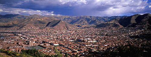 Ancient capital of the Incas skyline of the city showing colonial center with the Plaza de Armas, Cathedral and La Compania Church, Cuzco, Highlands, Peru