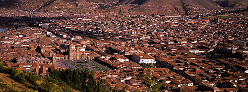 Ancient capital of the Incas skyline of the city showing colonial center with the Plaza de Armas, Cathedral and La Compania Church, Cuzco, Highlands, Peru