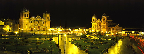 Ancient capital of the Incas the colonial center and the Plaza de Armas with the Cathedral, left and La Compania Church, Cuzco, Highlands, Peru