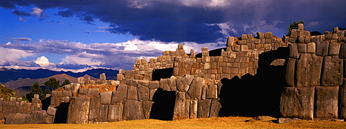 Sacsayhuaman a huge, hilltop, Inca fortress built in the 15thc above Cuzco with zigzag battlements constructed of immense stones, Highlands, Peru