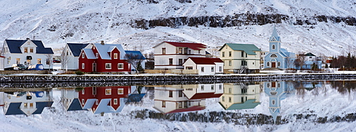 Panoramic view of Seydisfjordur and surrounding mountains, East Fjords, Iceland, Polar Regions