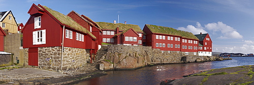 Panoramic view of traditional turf-roofed government buildings on Tinganes peninsula, Torshavn, Streymoy, Faroe Islands (Faroes), Denmark, Europe