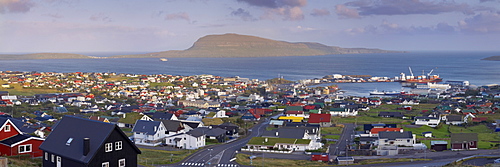 Panoramic view of Torshavn and harbour (Nolsoy in the distance), capital of the Faroe Islands (Faroes), Denmark, Europe