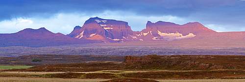 Dyrfjoll mountain (Door Mountain) at sunset, Borgarfjordur Eystri fjord, East Fjords region (Austurland), Iceland, Polar Regions