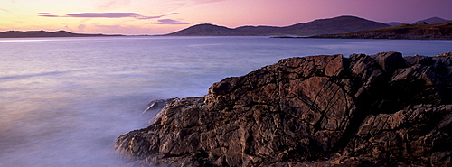 Sunset over Sound of Taransay, west coast of South Harris, Outer Hebrides, Scotland, United Kingdom, Europe