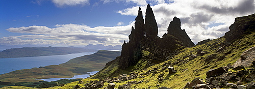 The Old Man of Storr, overlooking Loch Leathan and Raasay Sound, Trotternish, Isle of Skye, Inner Hebrides, Scotland, United Kingdom, Europe