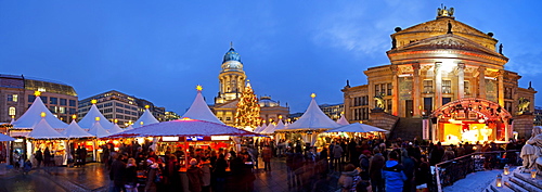 Traditional Christmas Market at Gendarmenmarkt illuminated at dusk, Berlin, Germany, Europe