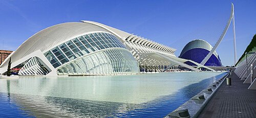 Spain, Valencia Province, Valencia, Spain, Valencia Province, Valencia, La Ciudad de las Artes y las Ciencias, City of Arts and Sciences, L'Hemisferic, Principe Felipe Science Museum, El Pont de l'Assut de l'Or Bridge and Agora.