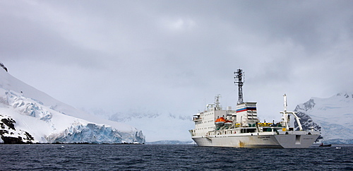 Russian research vessel and tourist ship Akademik Ioffe anchored off Pleneau Island, Antarctic Peninsula, Antarctica, Polar Regions