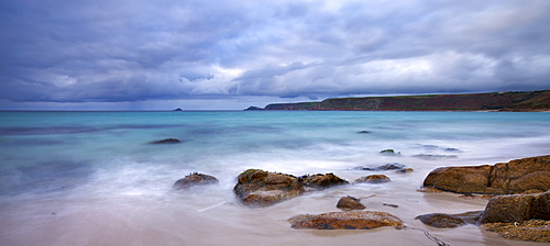 Stormy skies over Whitesand Bay and Cape Cornwall, from Sennen Beach, Cornwall, England, United Kingdom, Europe