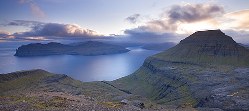 Looking towards the Island of Vagar from the mountains of Streymoy, Faroe Islands, Denmark, Europe 