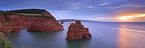 Sunrise over the south coast from Ladram Bay, Jurassic Coast, UNESCO World Heritage Site, Devon, England, United Kingdom, Europe