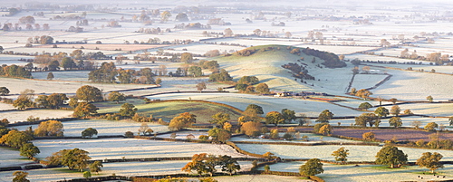 The Somerset Levels covered in morning frost, Westbury-Sub-Mendip, Somerset, England, United Kingdom, Europe