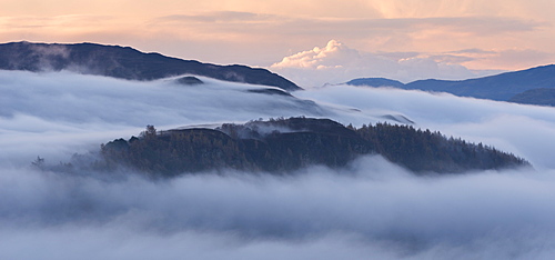 Mist covered landscape at dawn in autumn, near Derwent Water, Lake District National Park, Cumbria, England, United Kingdom, Europe