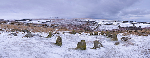 The Nine Maidens, Megalthic stone circle, in winter, on a snow covered Belstone Common, Dartmoor, Devon, England, United Kingdom, Europe