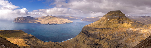 Panoramic vista of Skaelingur mountain, Vagafjordur and Vestmannasund from Sornfelli on the island of Streymoy, Faroe Islands, Denmark, Europe