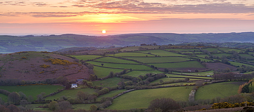 Beautiful sunrise over rolling countryside near Chagford, Dartmoor National Park, Devon, England, United Kingdom, Europe