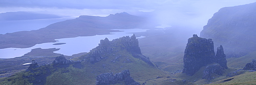 Dramatic rocky outcrops near the Old Man of Storr at dawn, Isle of Skye, Inner Hebrides, Scotland, United Kingdom, Europe