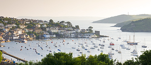 Looking across Fowey estuary to Polruan from Hall Walk above Bodinnick, Cornwall, England, United Kingdom, Europe