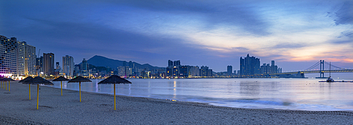 Gwangalli beach and Gwangan Bridge at dawn, Busan, South Korea, Asia